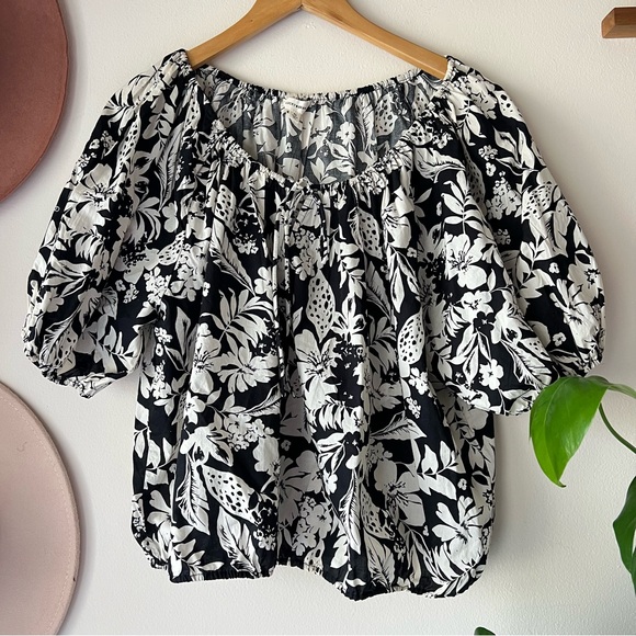 LUCKY BRAND Cotton Gathered Poplin Top Black Cream Women’s SIZE XL boho tropical - Picture 3 of 11